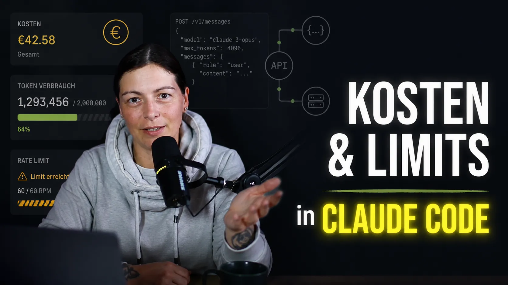 Sabine Kaluscha vor einem Bildschirm mit Token-Verbrauch und API-Code, Schriftzug 'Kosten und Limits in Claude Code'.