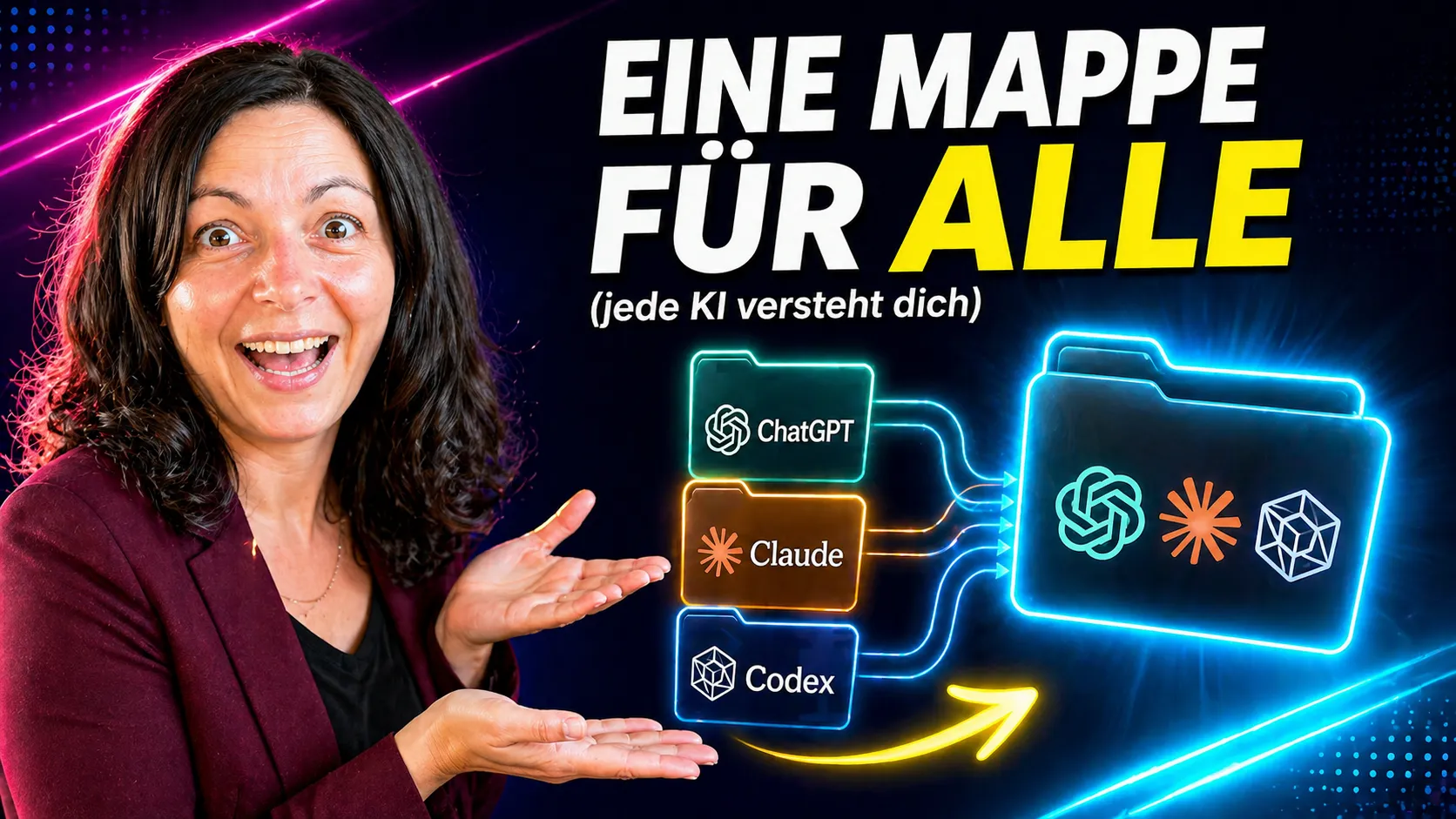 Sabine Kaluscha zeigt auf einen Ordner, in den die Logos von ChatGPT, Claude und Codex einlaufen. Schriftzug 'Eine Mappe fuer alle'.