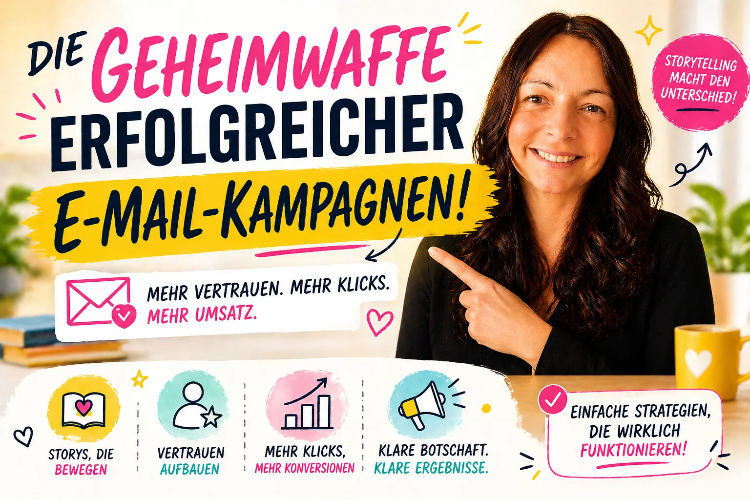 Sabine Kaluscha vor bunter Grafik mit Schriftzug 'Die Geheimwaffe erfolgreicher E-Mail-Kampagnen' und Symbolen fuer Storys, Vertrauen, Klicks und Botschaft.